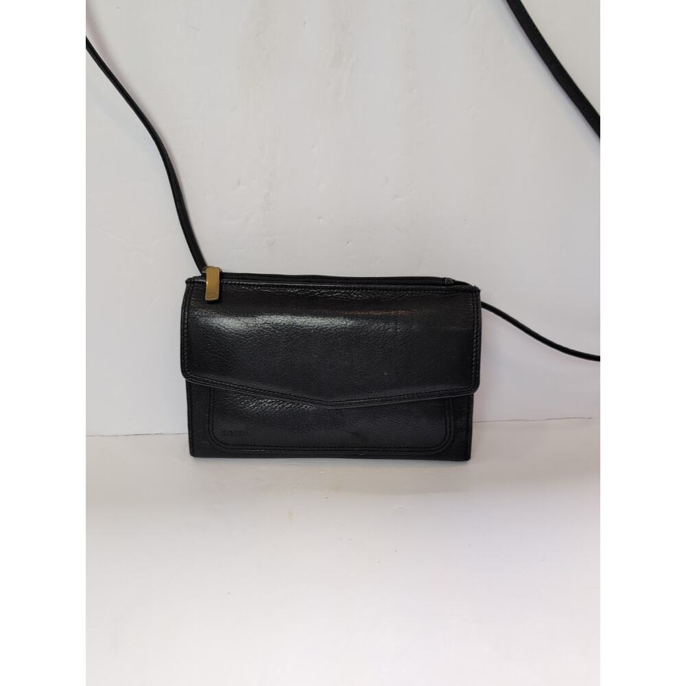 Vintage Fossil Black Leather Small Wallet Crossbody Purse Bag Phone Holder